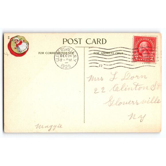 Vintage 1925 Christmas Postcard Snowy House Holly & Sleigh Scene - Picture 2 of 2